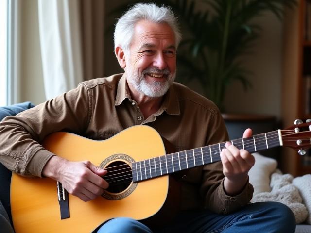 Gitarzysta hobbysta uczący się na gitarze akustycznej